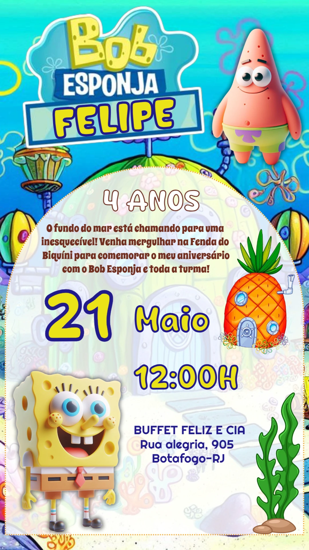 Convite de Aniversário Bob Esponja Colorido para Editar