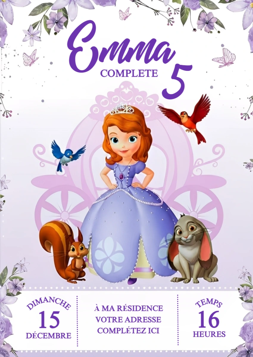 Invitation Anniversaire Princesse Sofia à Modifier en Ligne