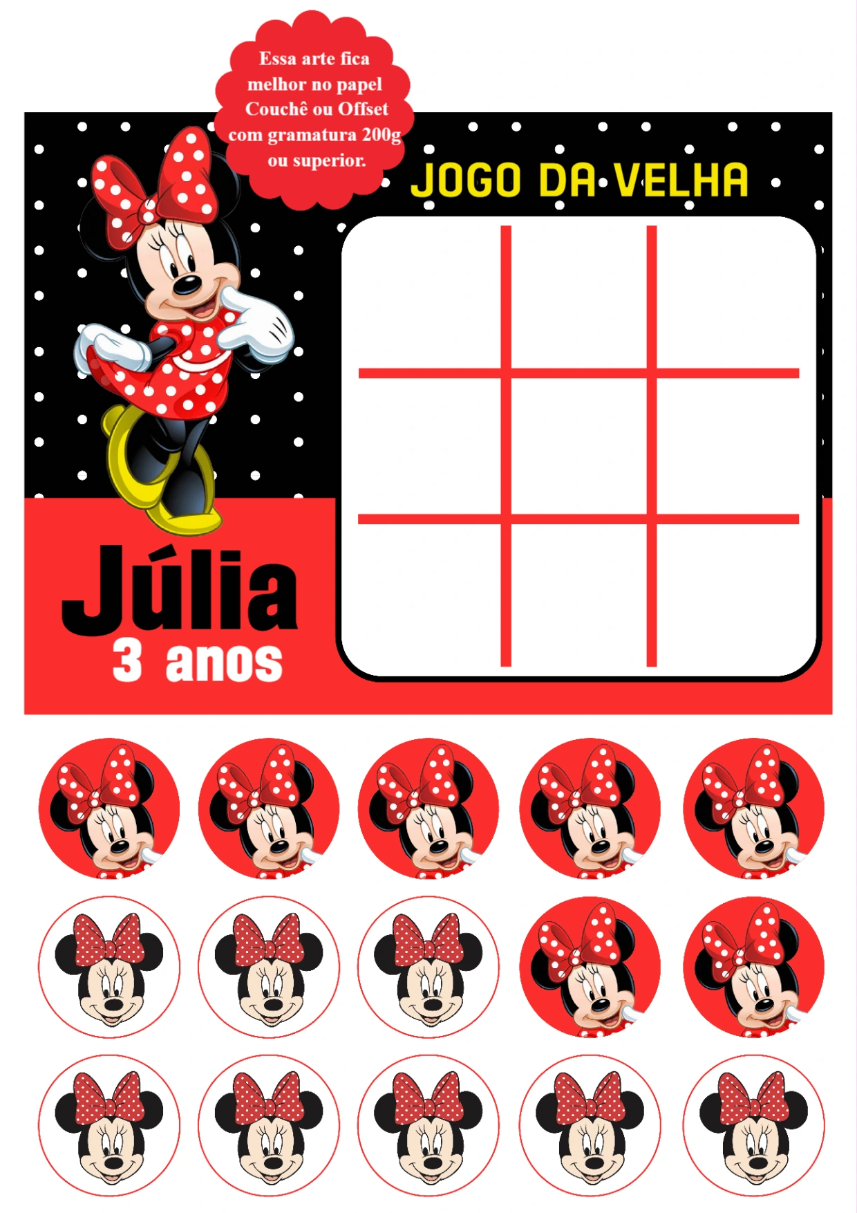 Jogo da Velha Minnie Vermelha Editável para Imprimir