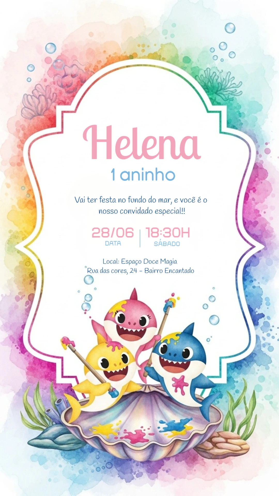 Convite de Aniversário Baby Shark Aquarela para Editar Online