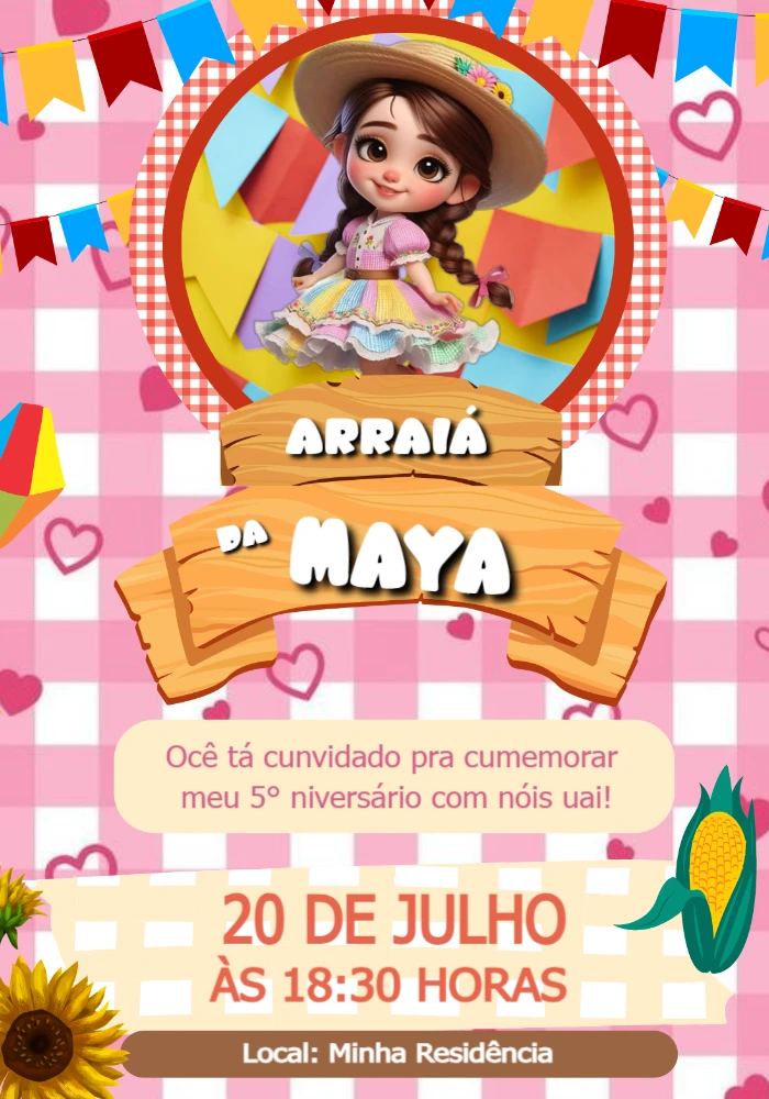 Convite Aniversário Festa Junina com Menina Caipira para Editar