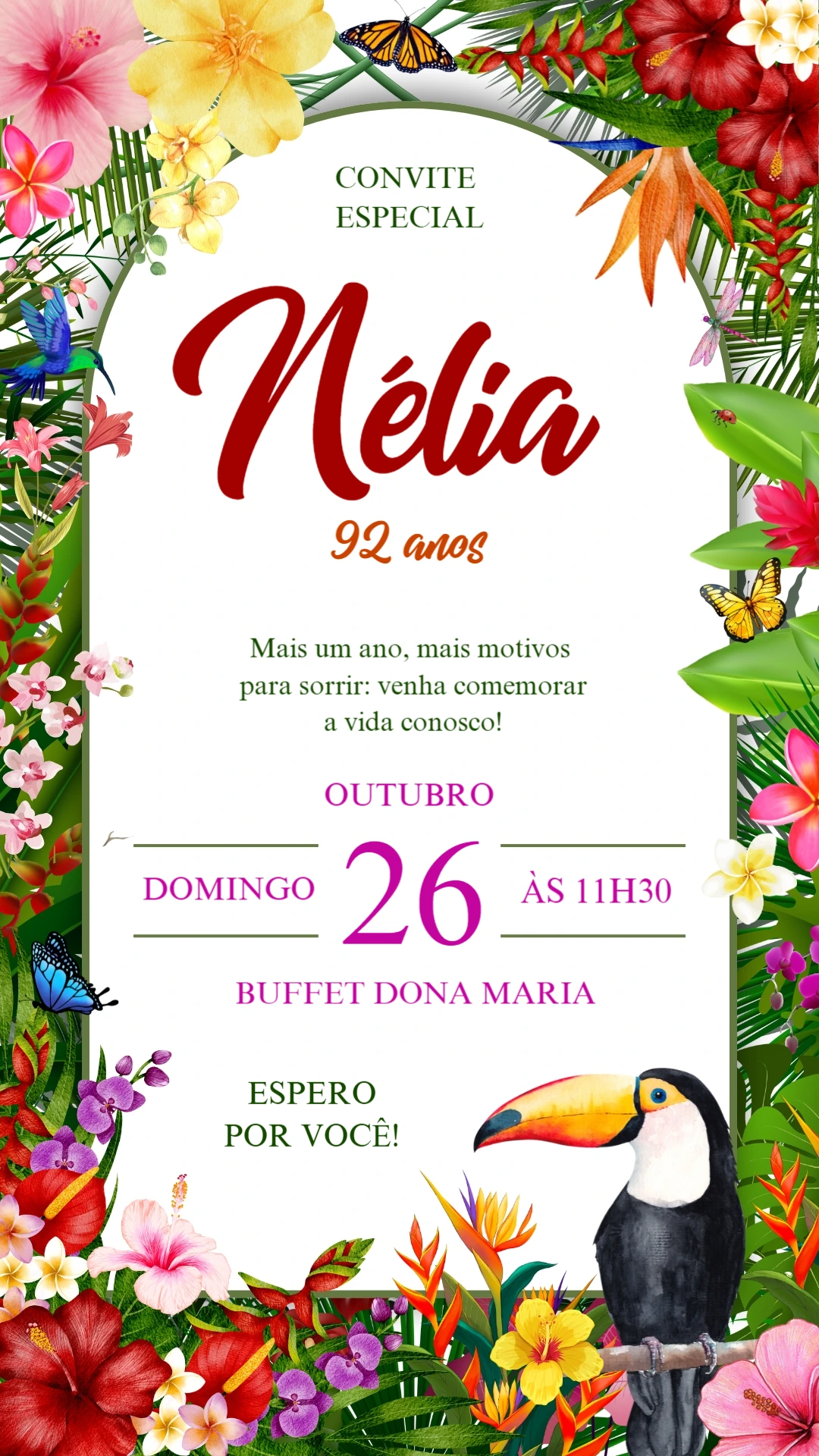 Convite Aniversário Tropical com Flores para Editar Online