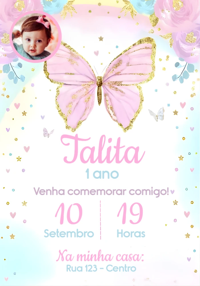 Convite Aniversário Jardim das Borboletas com Foto para Editar