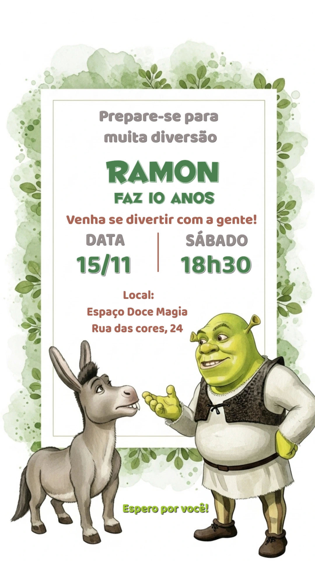 Convite de Aniversário Shrek com Personagens para Editar Online