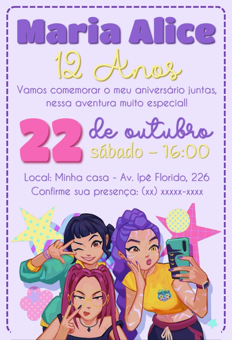 Convite Aniversário K-pop Guerreiras para Editar Online