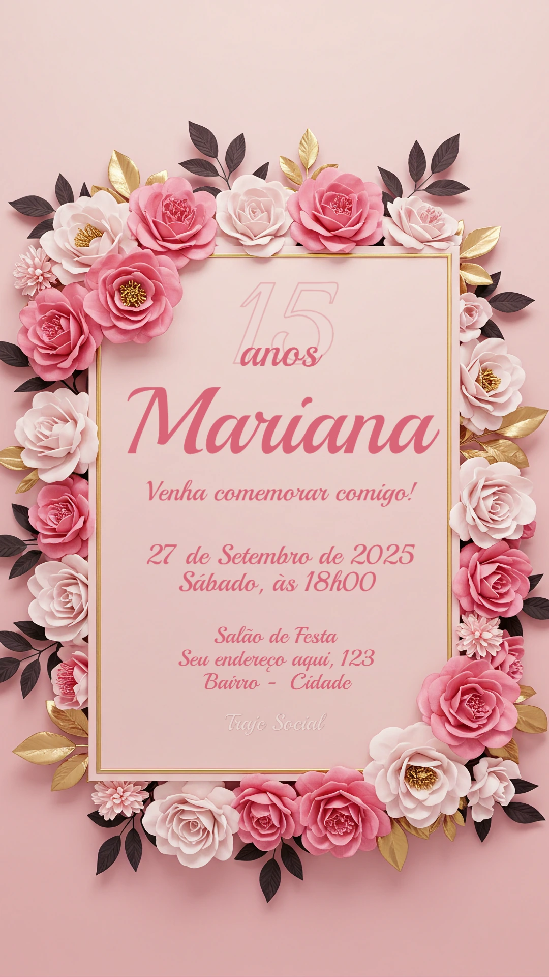 Convite 15 Anos Floral Rosa e Dourado para Editar Online