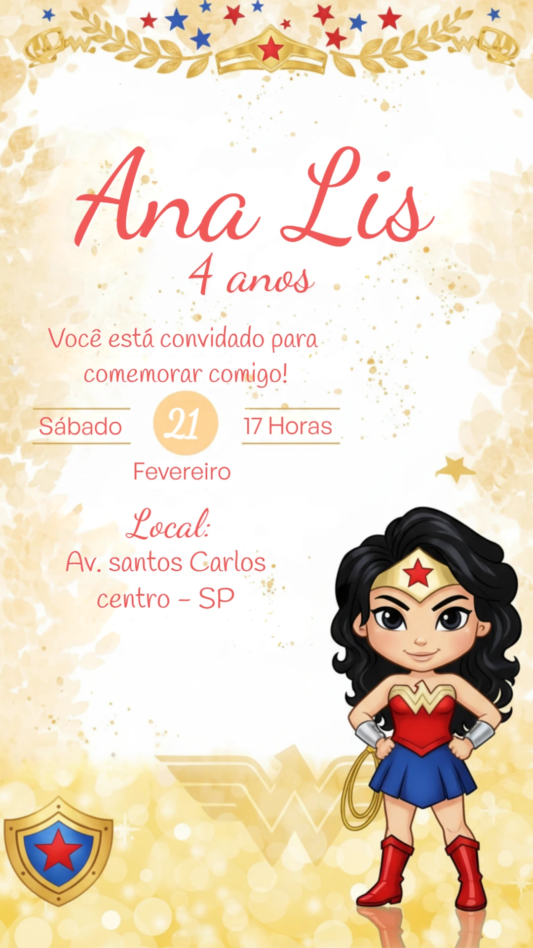 Convite Digital Mulher-Maravilha Infantil Modelo Editável