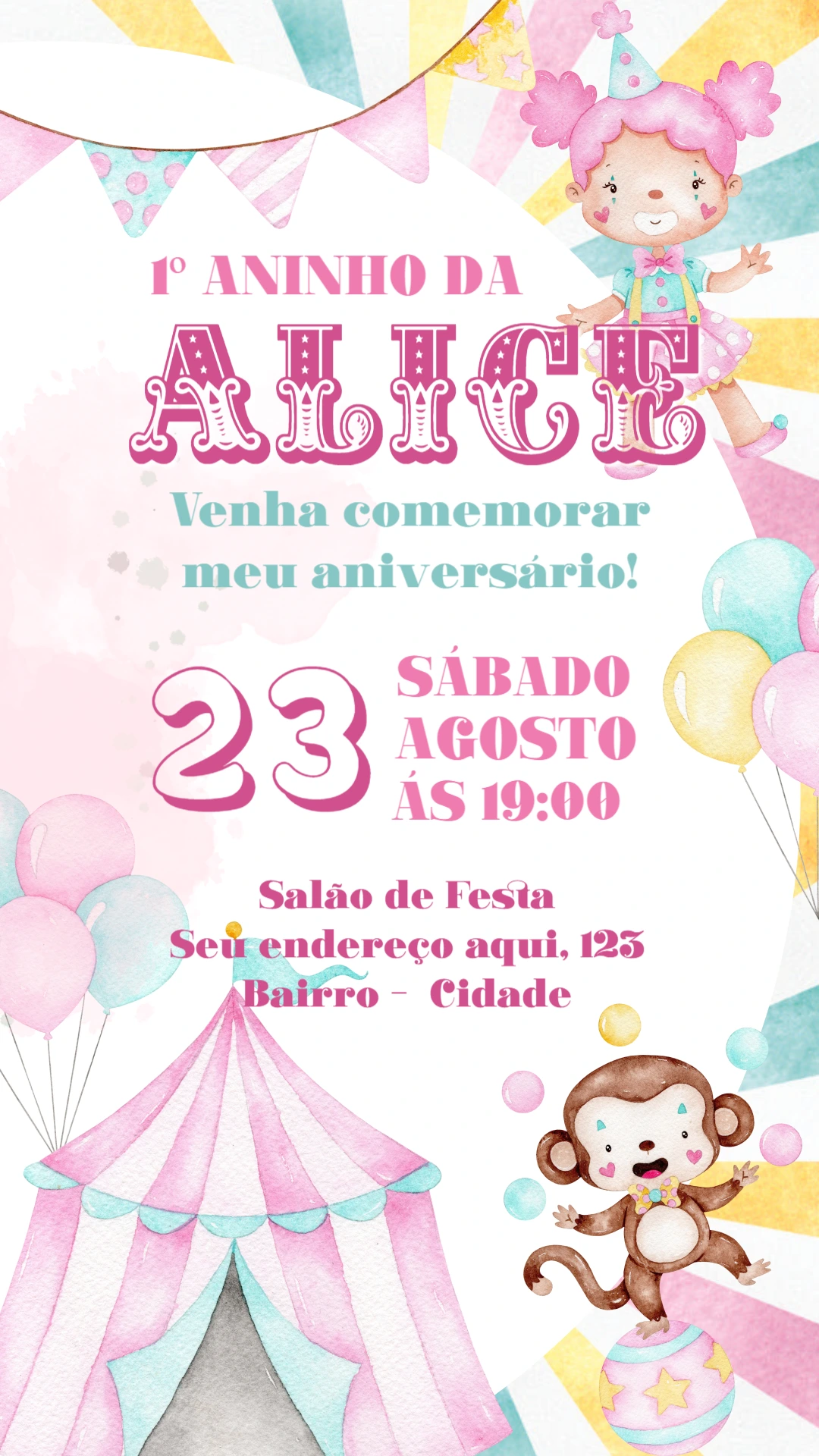 Convite Aniversário Circo Aquarela para Editar Online