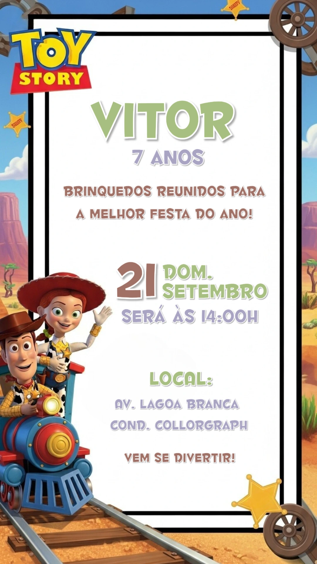 Convite de Aniversário Toy Story com Woody e Jessie para Editar