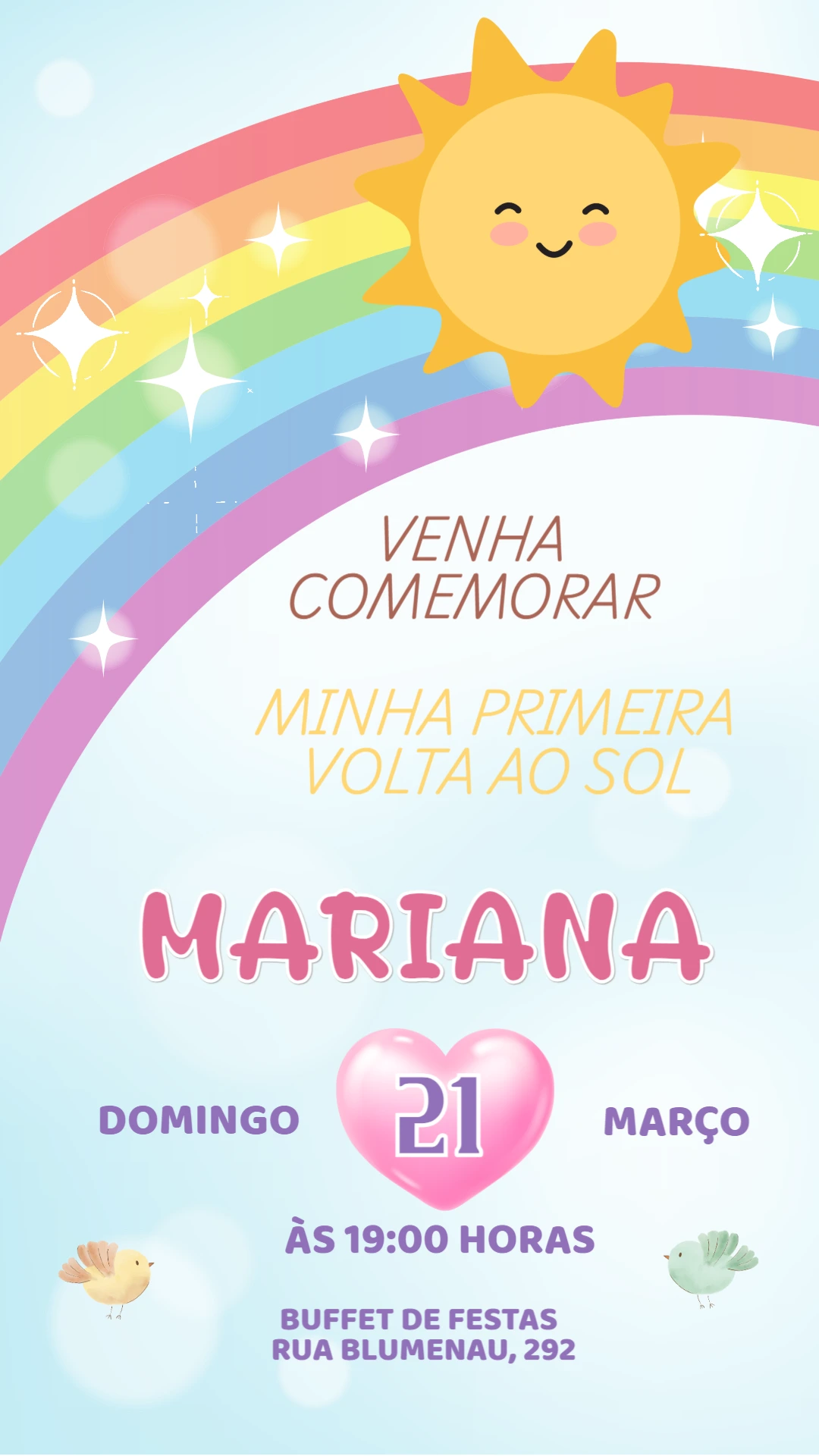 Convite Aniversário Primeira Volta ao Sol com Arco-íris para Editar