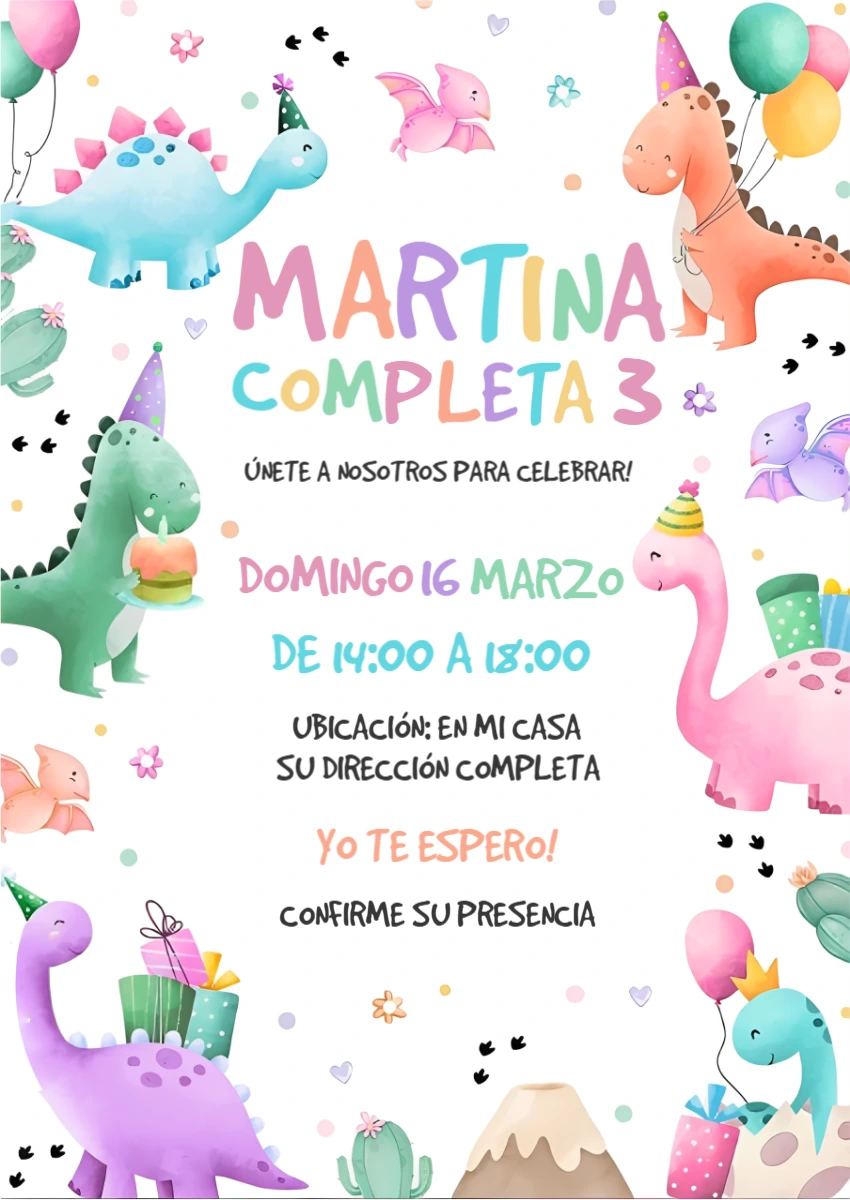 Invitación de Cumpleaños de Dinosaurios para Niña para Editar