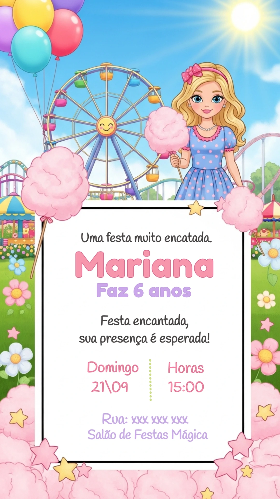 Convite Aniversário Boneca no Parque de Diversões para Editar