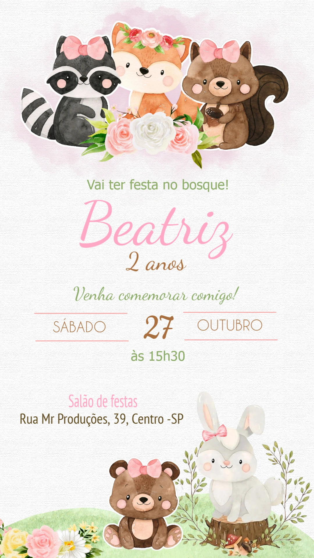 Convite Aniversário Bosque Encantado com Animais para Editar