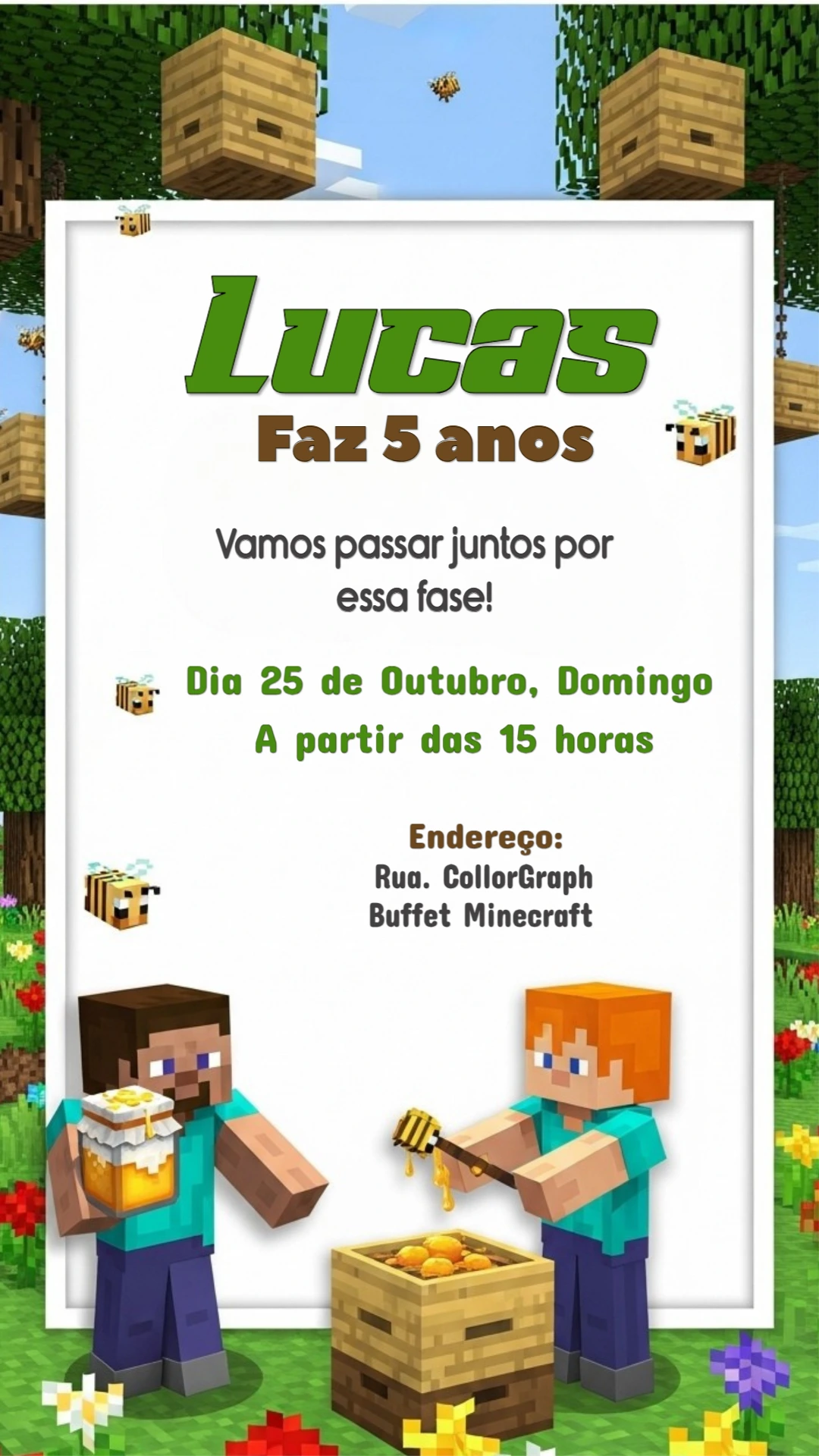 Convite Aniversário Minecraft com Abelhas para Editar Online