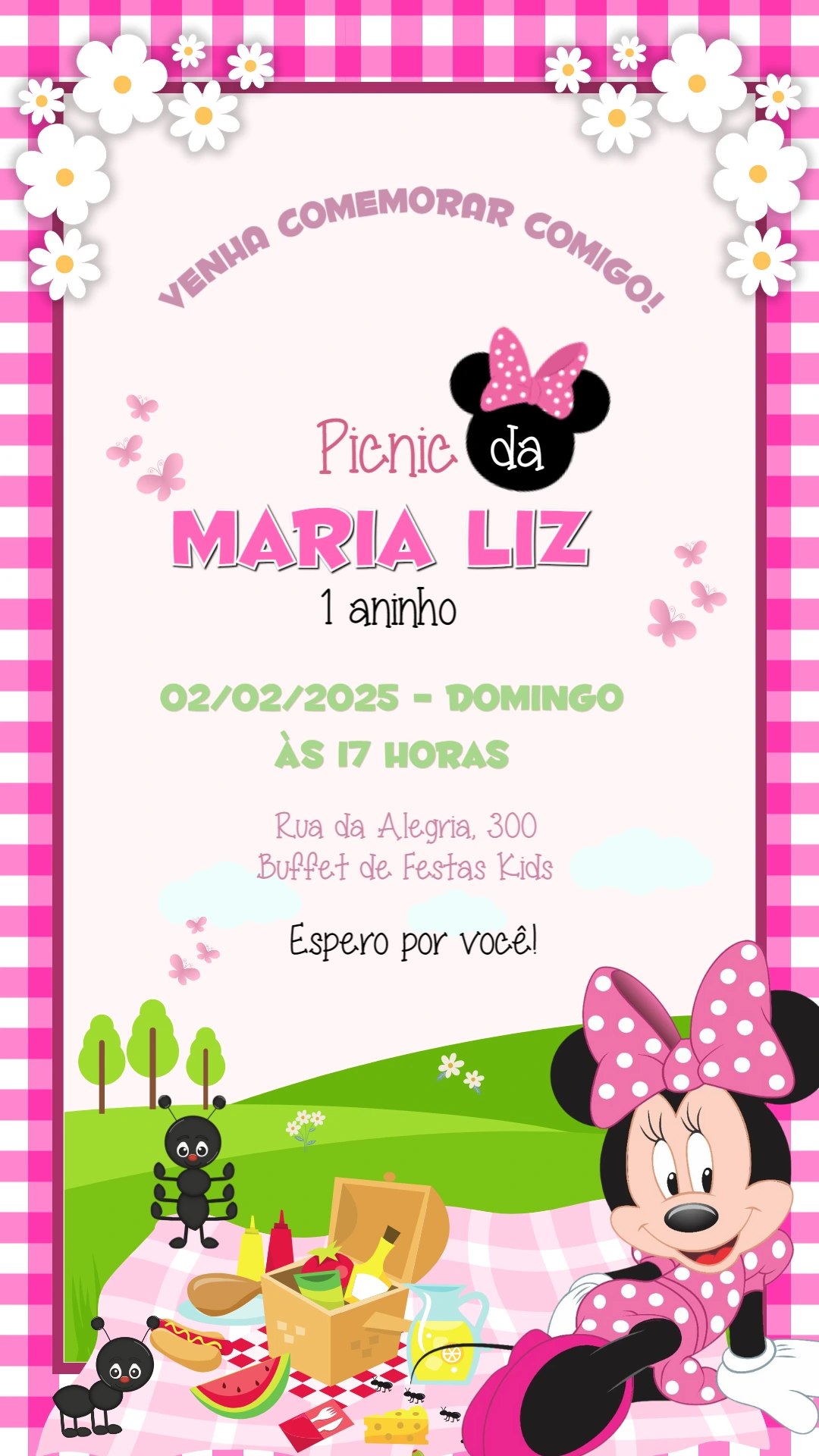Convite de Aniversário Picnic da Minnie Mouse para Editar Online