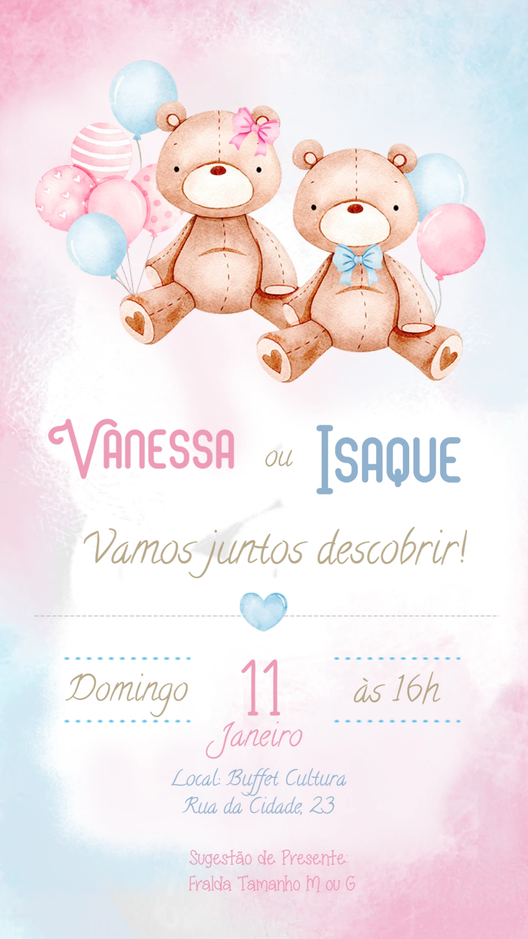 Convite Chá de Revelação Ursinhos para Editar Online