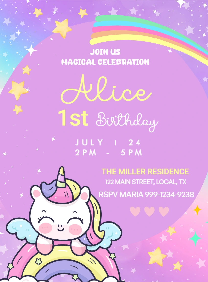 Cute Unicorn Birthday Invitation Template to Edit Online