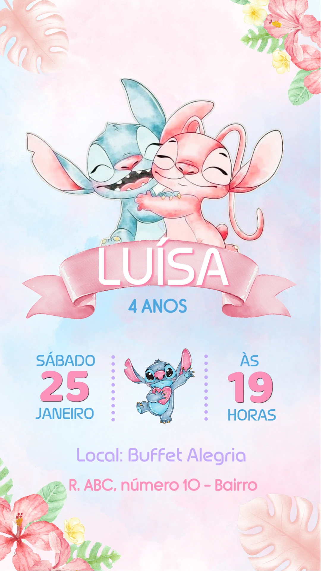 Convite Aniversário Stitch e Angel para Editar Online