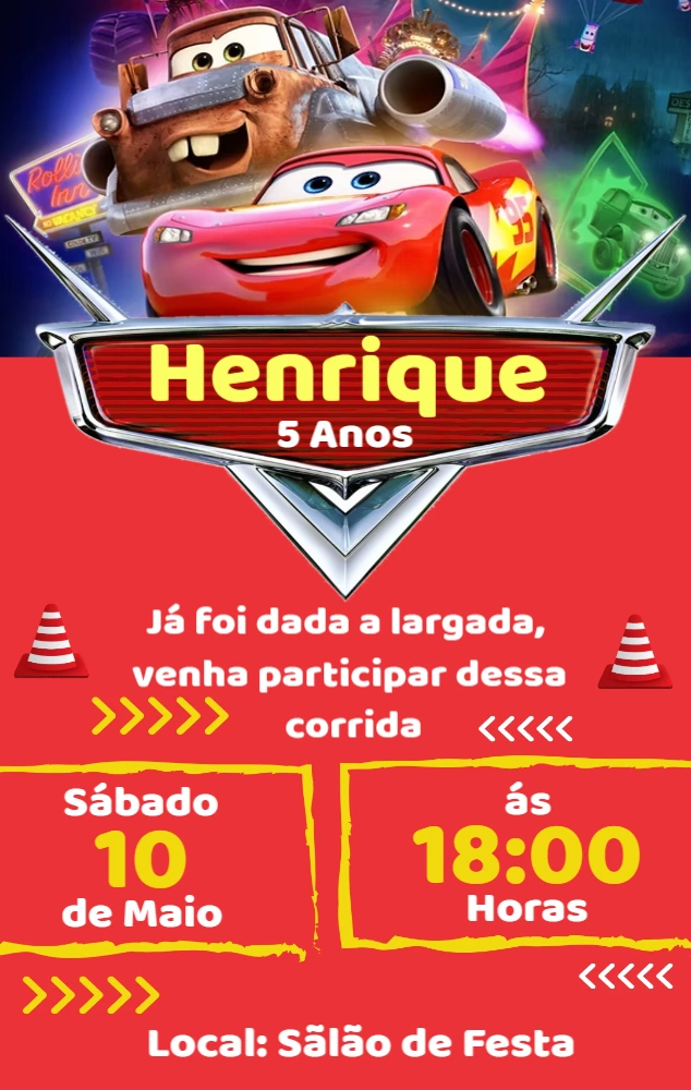 Convite Aniversário Carros com Relâmpago McQueen para Editar