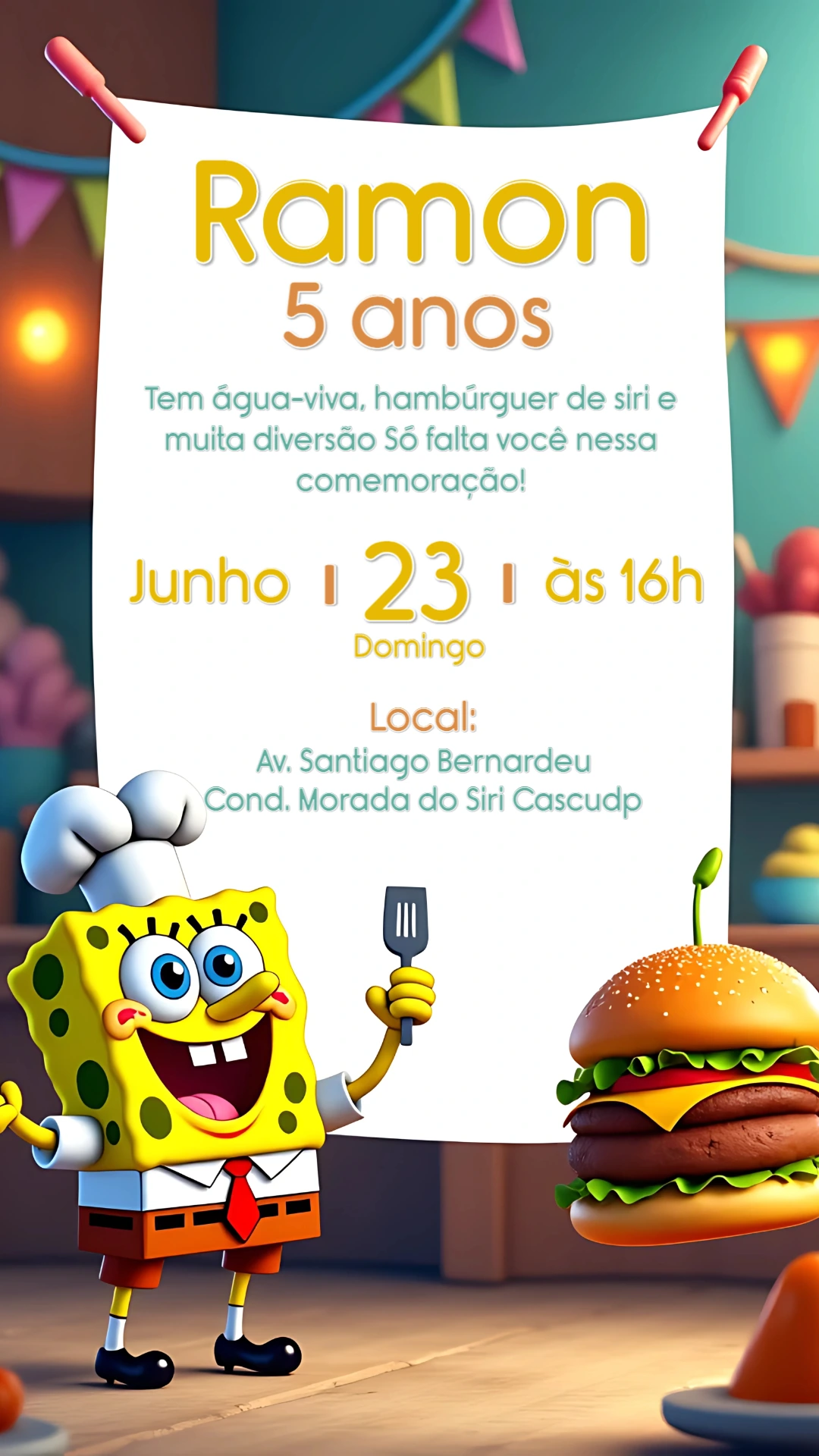 Convite de Aniversário Bob Esponja para Editar Online