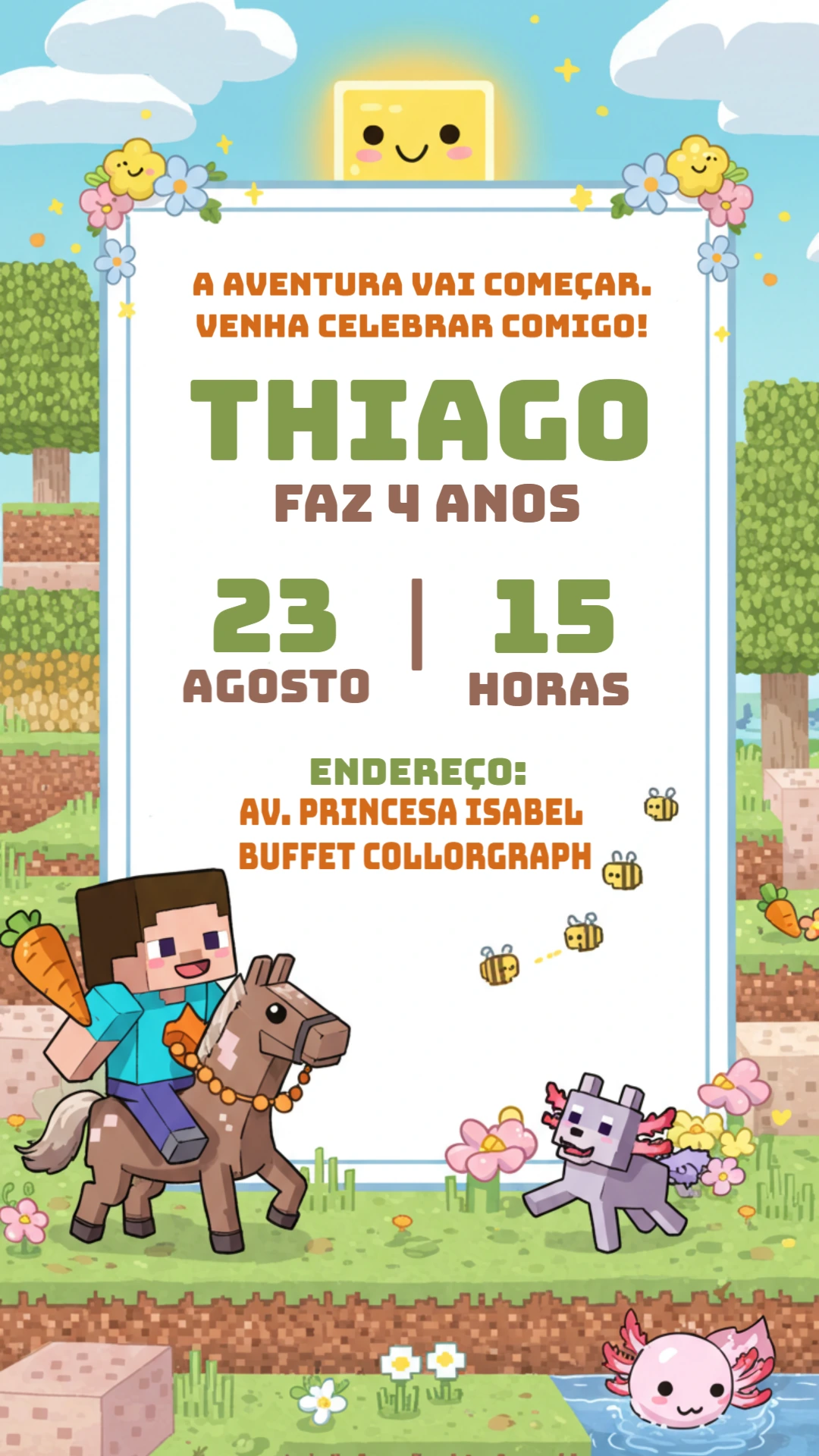 Convite de Aniversário Minecraft Fofo para Editar Online