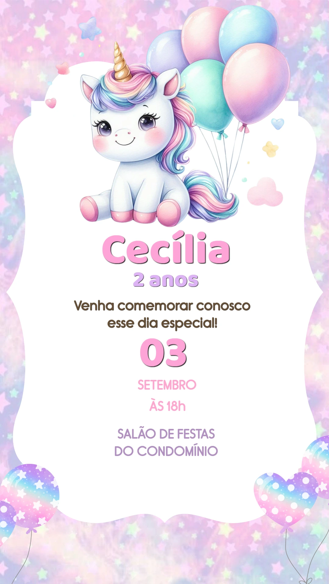 Convite de Aniversário Unicórnio Mágico Editável