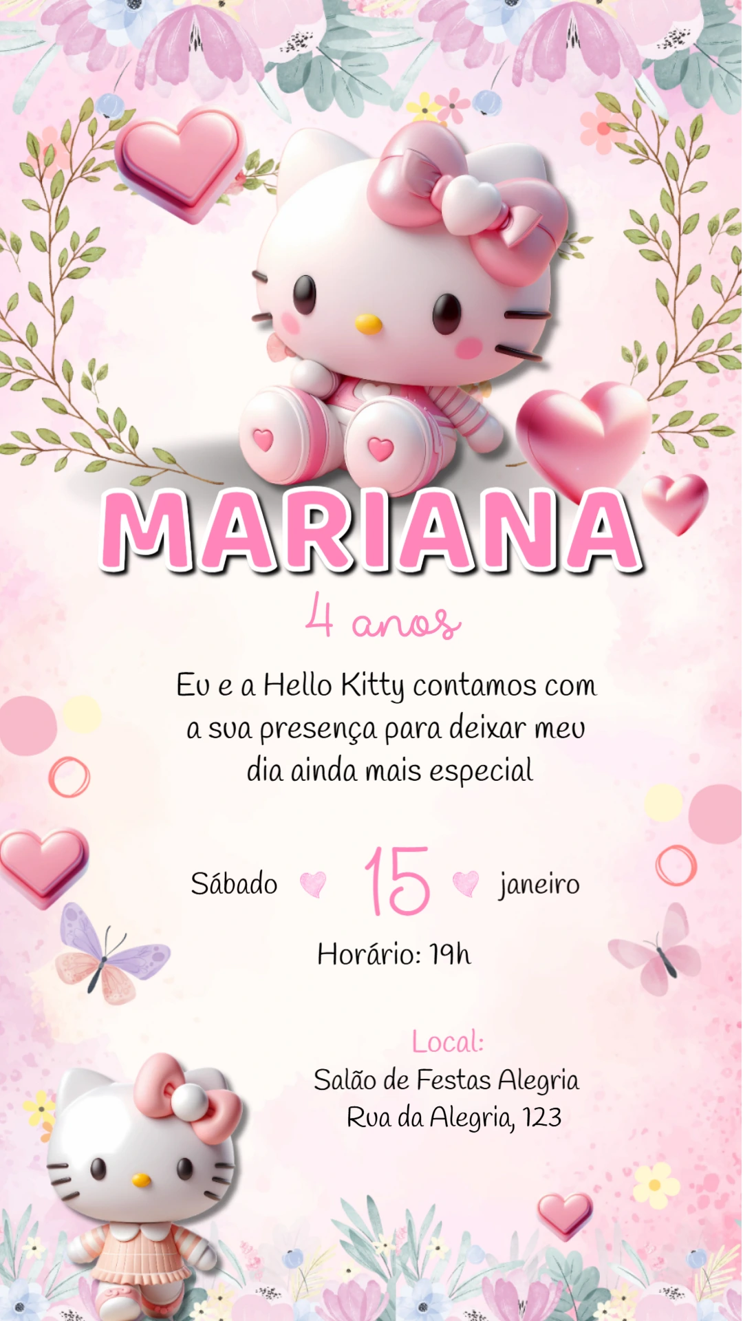 Convite de Aniversário Infantil Hello Kitty Rosa Modelo Editável