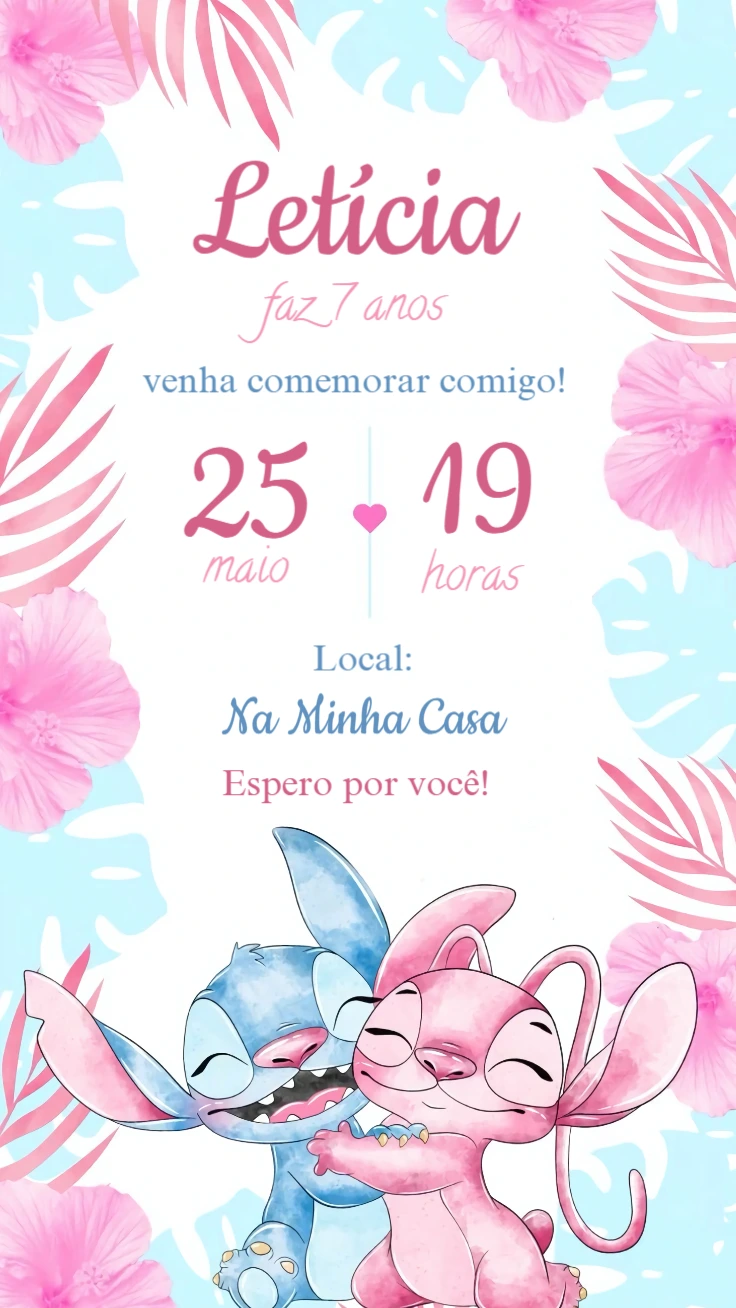 Convite Aniversário Stitch e Angel para Editar Online
