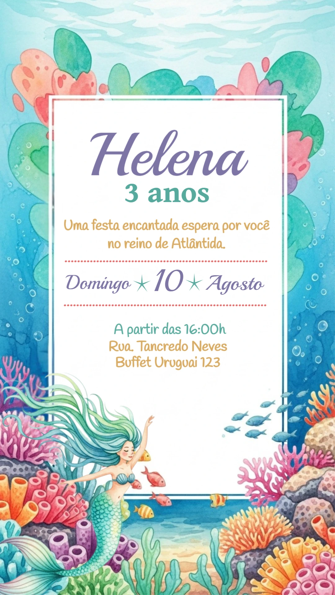 Convite Aniversário Pequena Sereia para Editar Online
