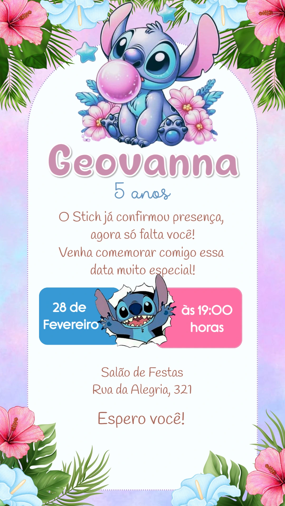Convite de Aniversário Stitch Tropical para Editar Online