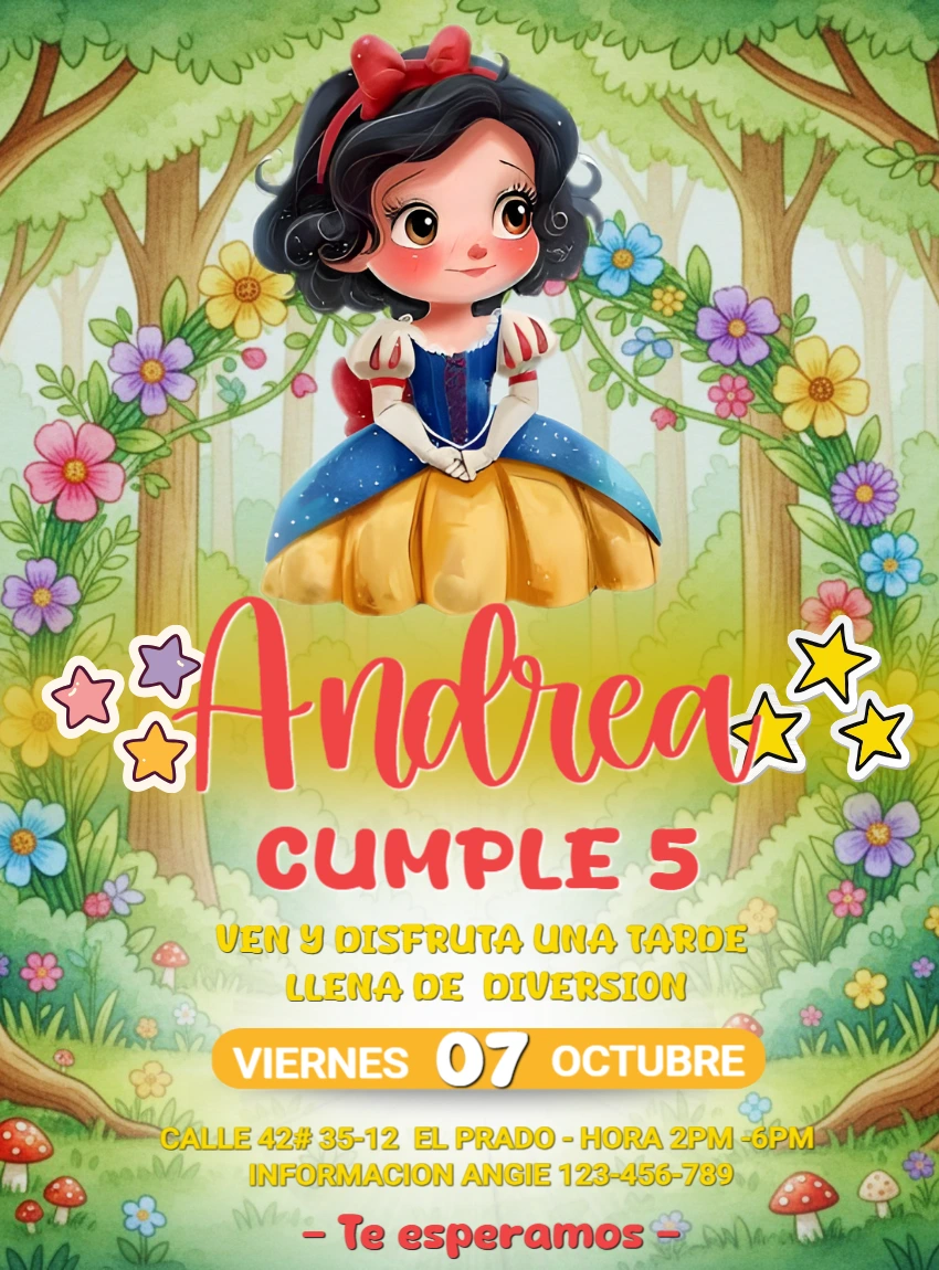 Invitación de Cumpleaños de Blancanieves en el Bosque para Editar