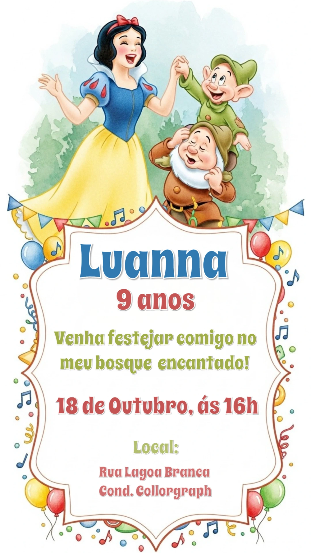 Convite Aniversário Branca de Neve e os Anões para Editar Online