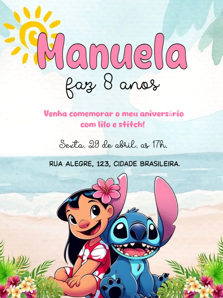 Convite de Aniversário Lilo e Stitch para Editar Online