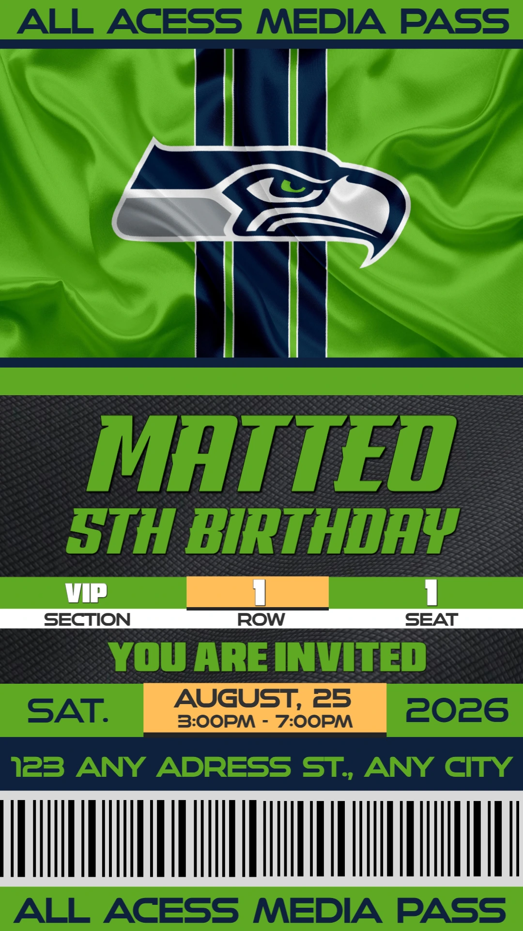 Football Ticket Birthday Invitation NFL Seattle Seahawks