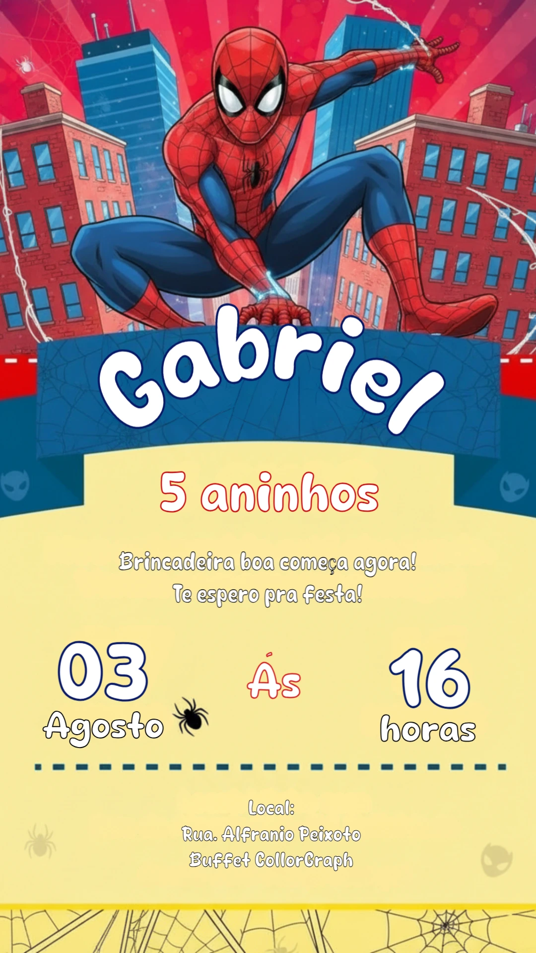 Convite de Aniversário Homem-Aranha Estilo HQ para Editar