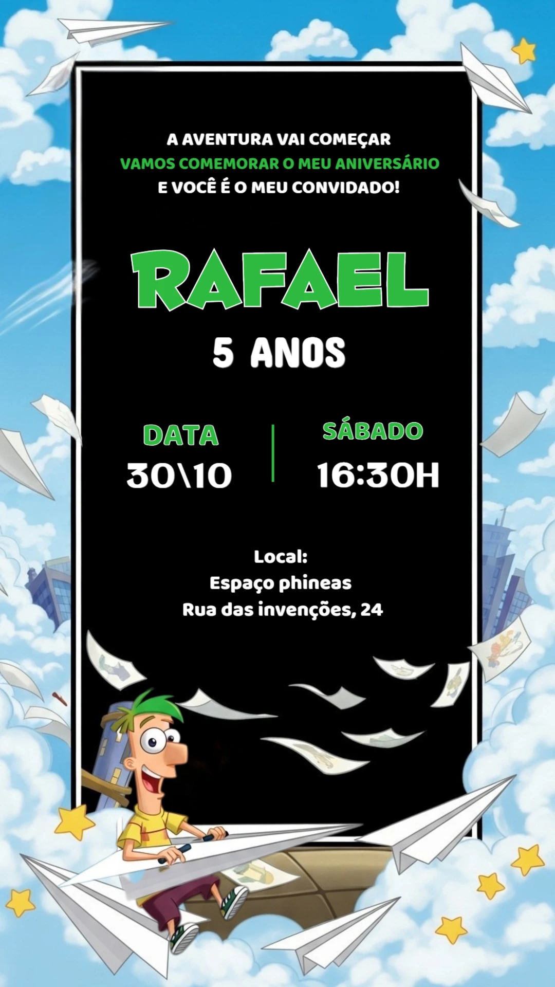 Convite de Aniversário Phineas e Ferb para Editar Online