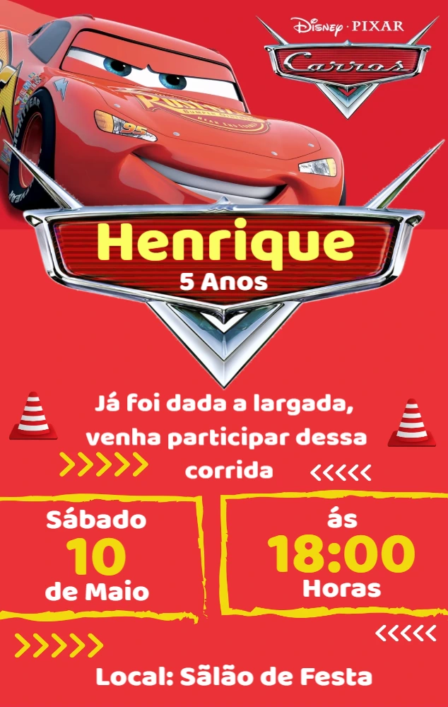 Convite de Aniversário Carros com Relâmpago McQueen para Editar