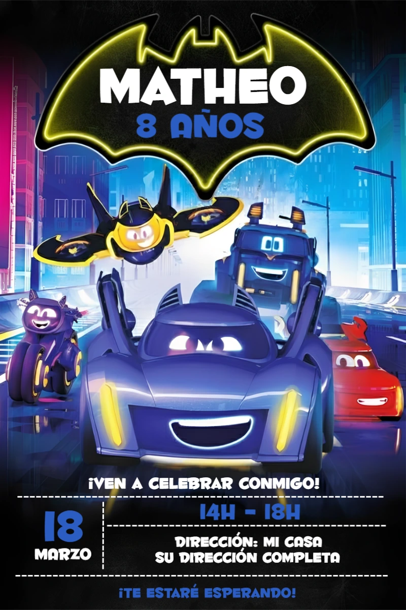 Invitación de Cumpleaños Bat-Coches para Editar Digitalmente