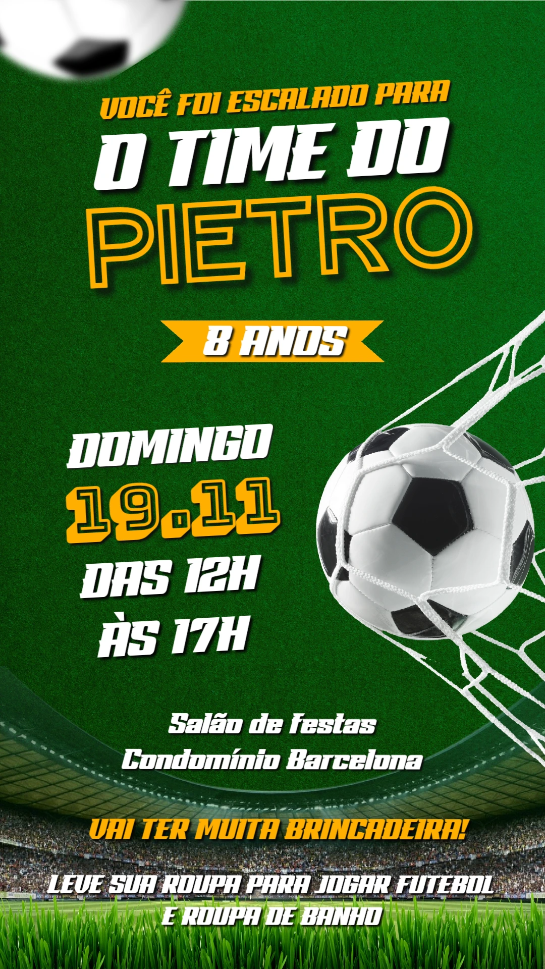 Convite de Aniversário Futebol com Bola na Rede para Editar