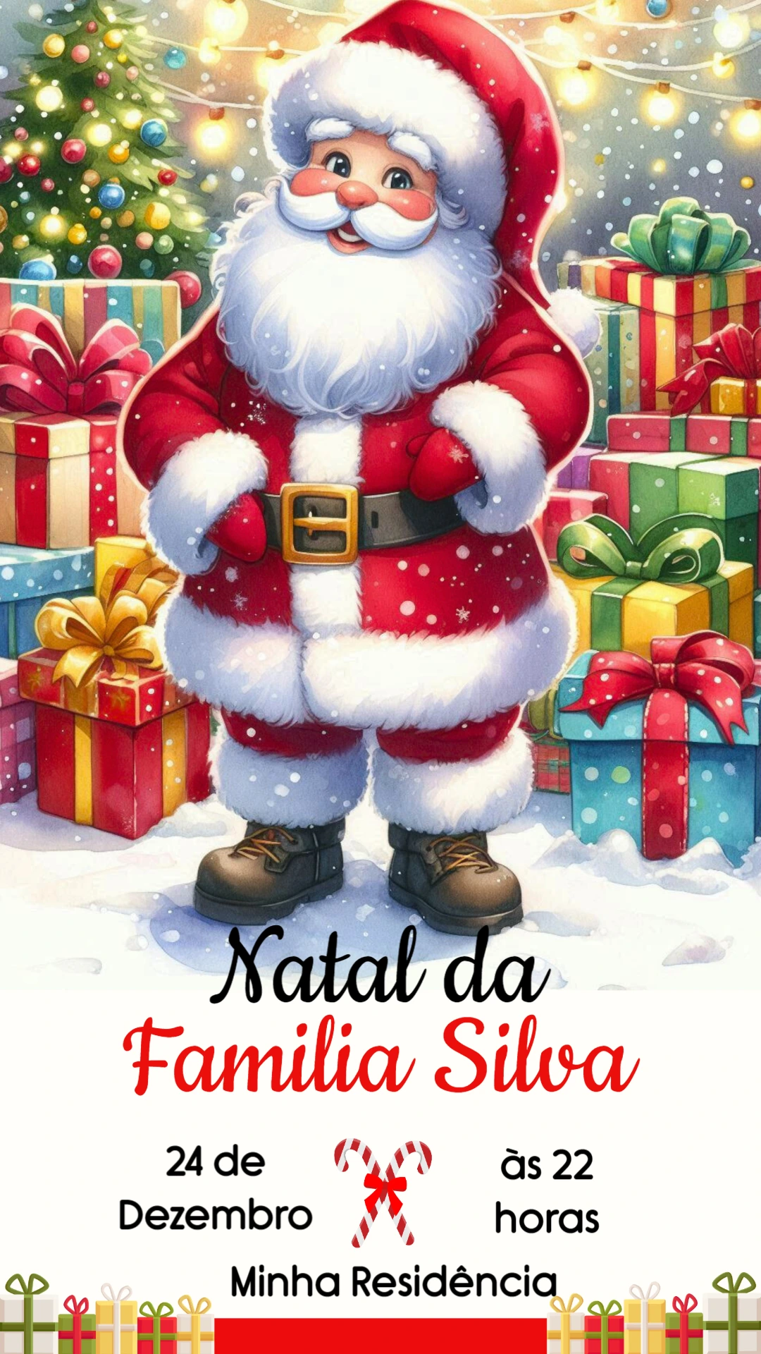 Convite de Natal com Papai Noel e Presentes para Editar Online