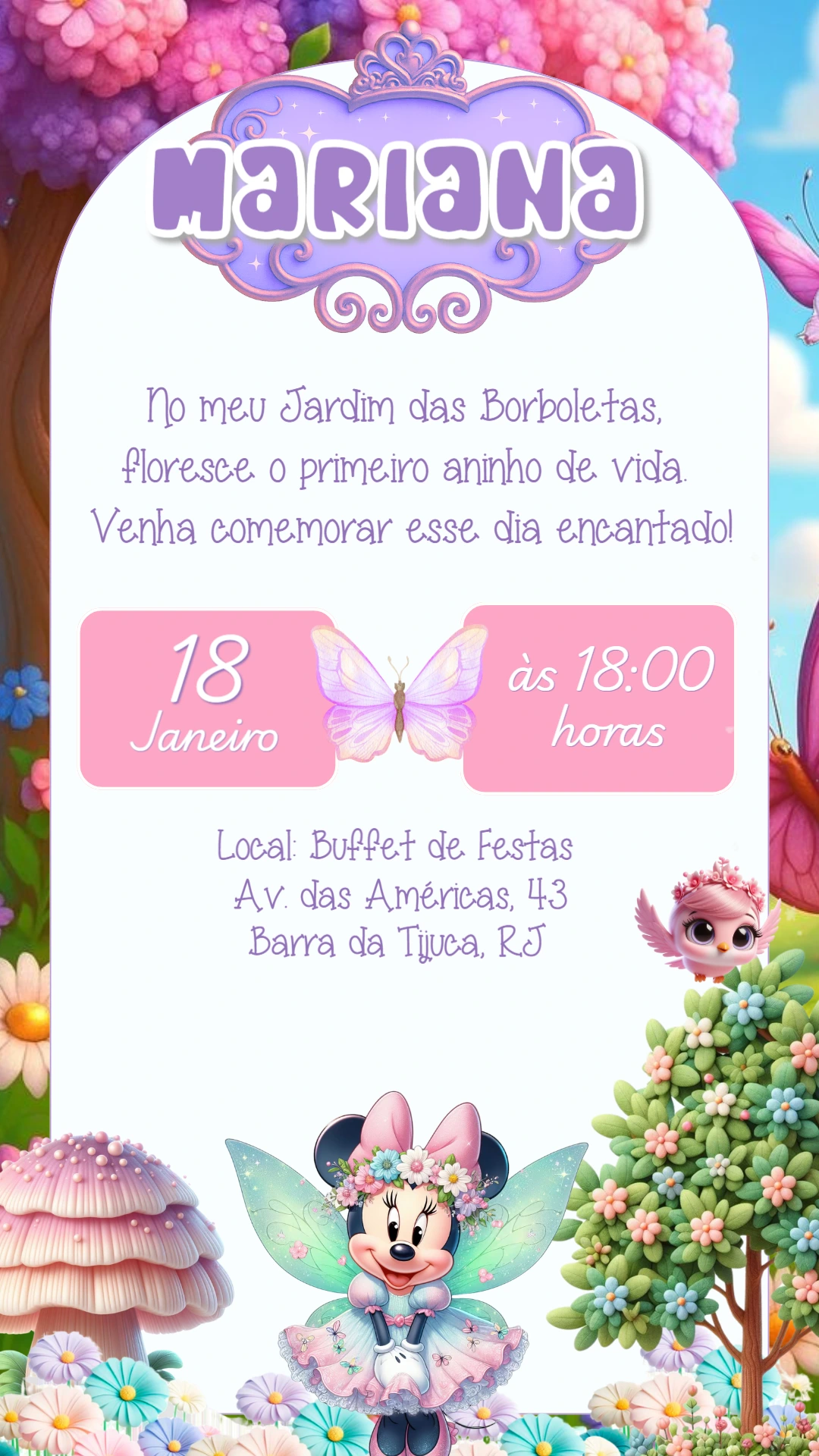 Convite Aniversário Jardim da Minnie Fada para Editar Online