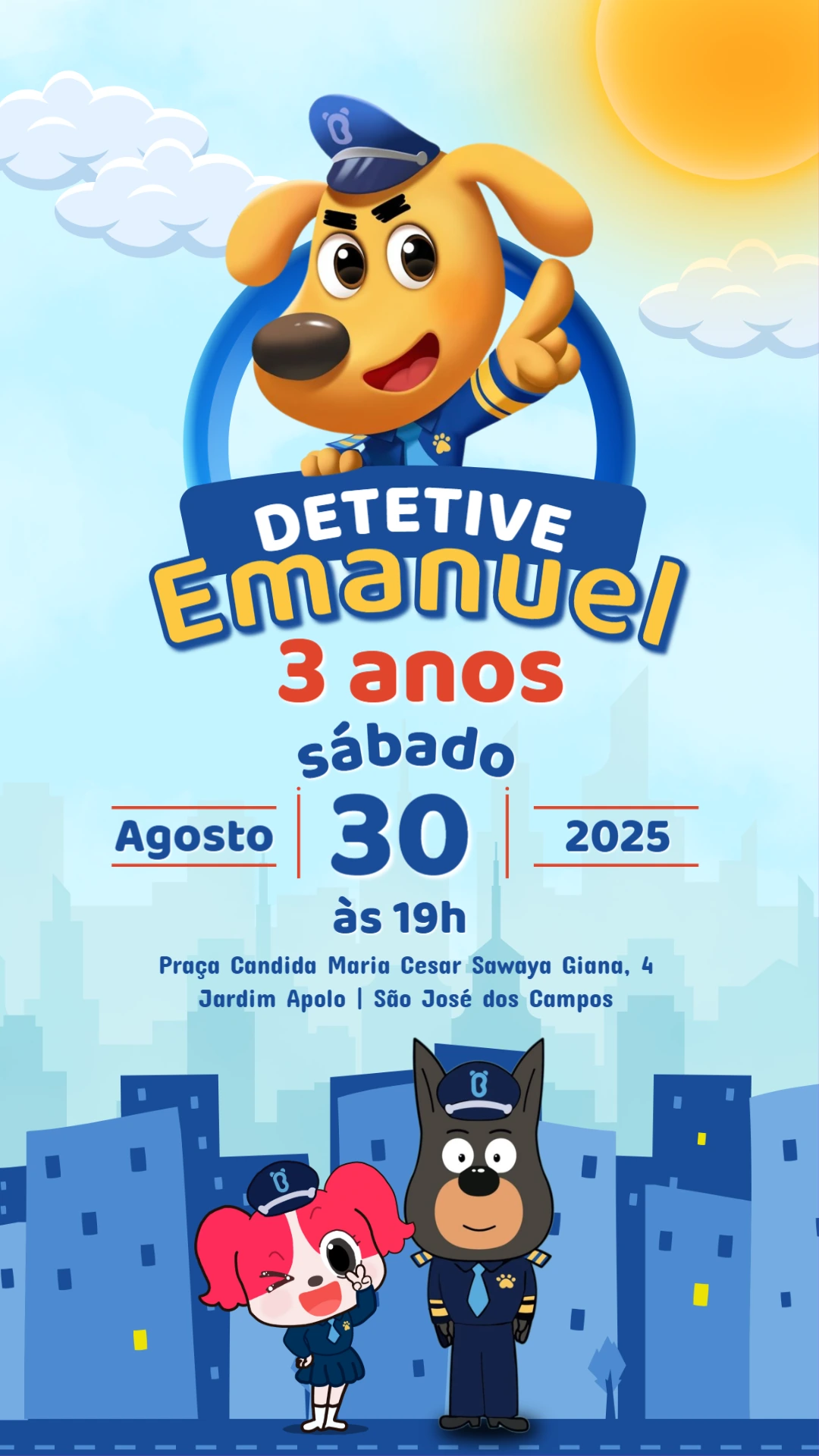 Convite de Aniversário Detetive Cachorro para Editar Online