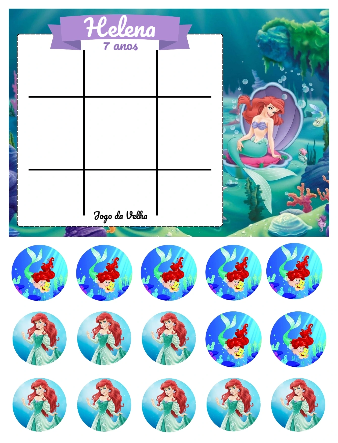 Jogo da Velha da Pequena Sereia para Lembrancinha Editável