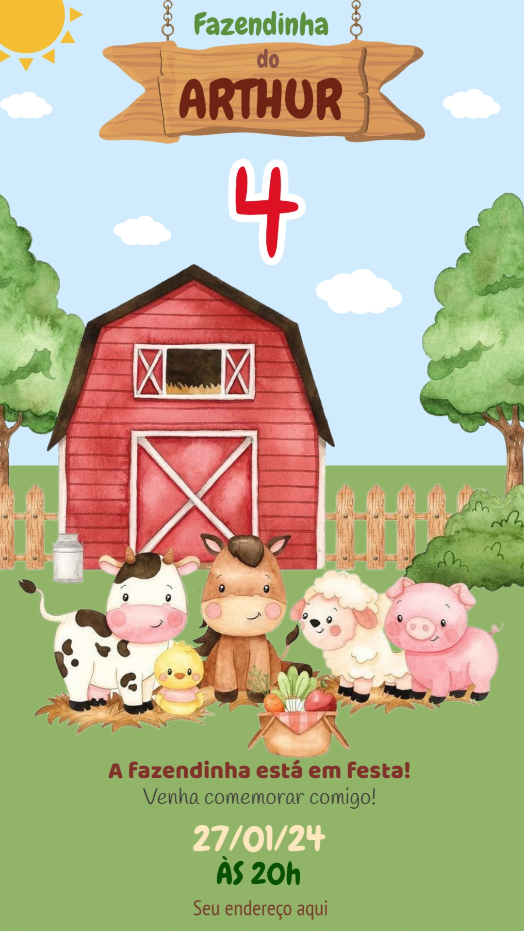 Convite de Aniversário Fazendinha com Animais para Editar
