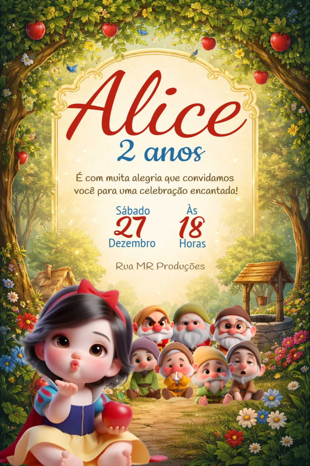 Convite de Aniversário Branca de Neve Baby Editável