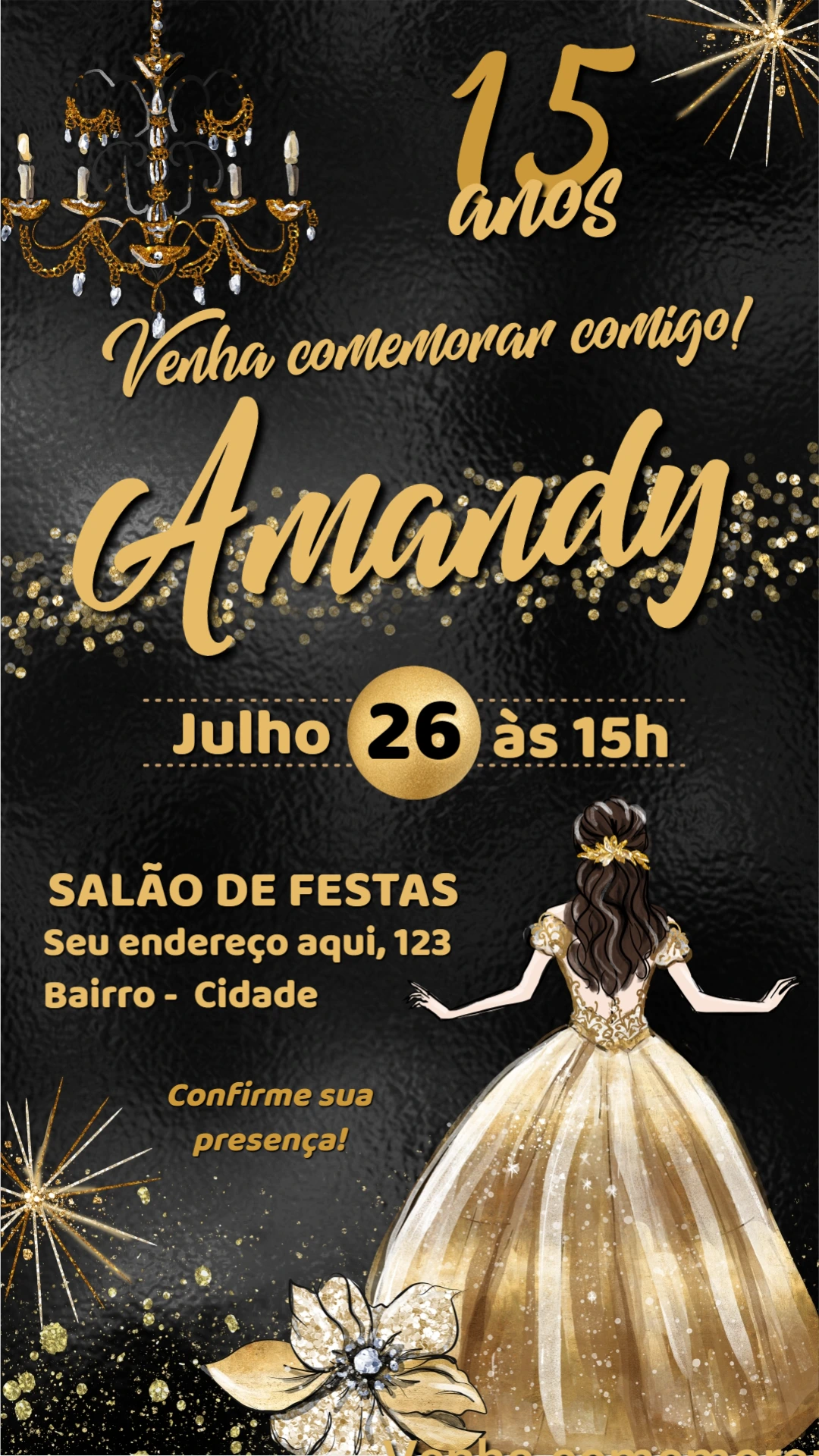 Convite 15 Anos Princesa Dourado e Preto para Editar Online