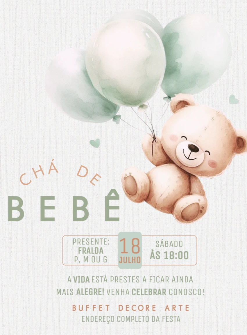 Convite Chá de Bebê Ursinho Baloeiro para Editar Online