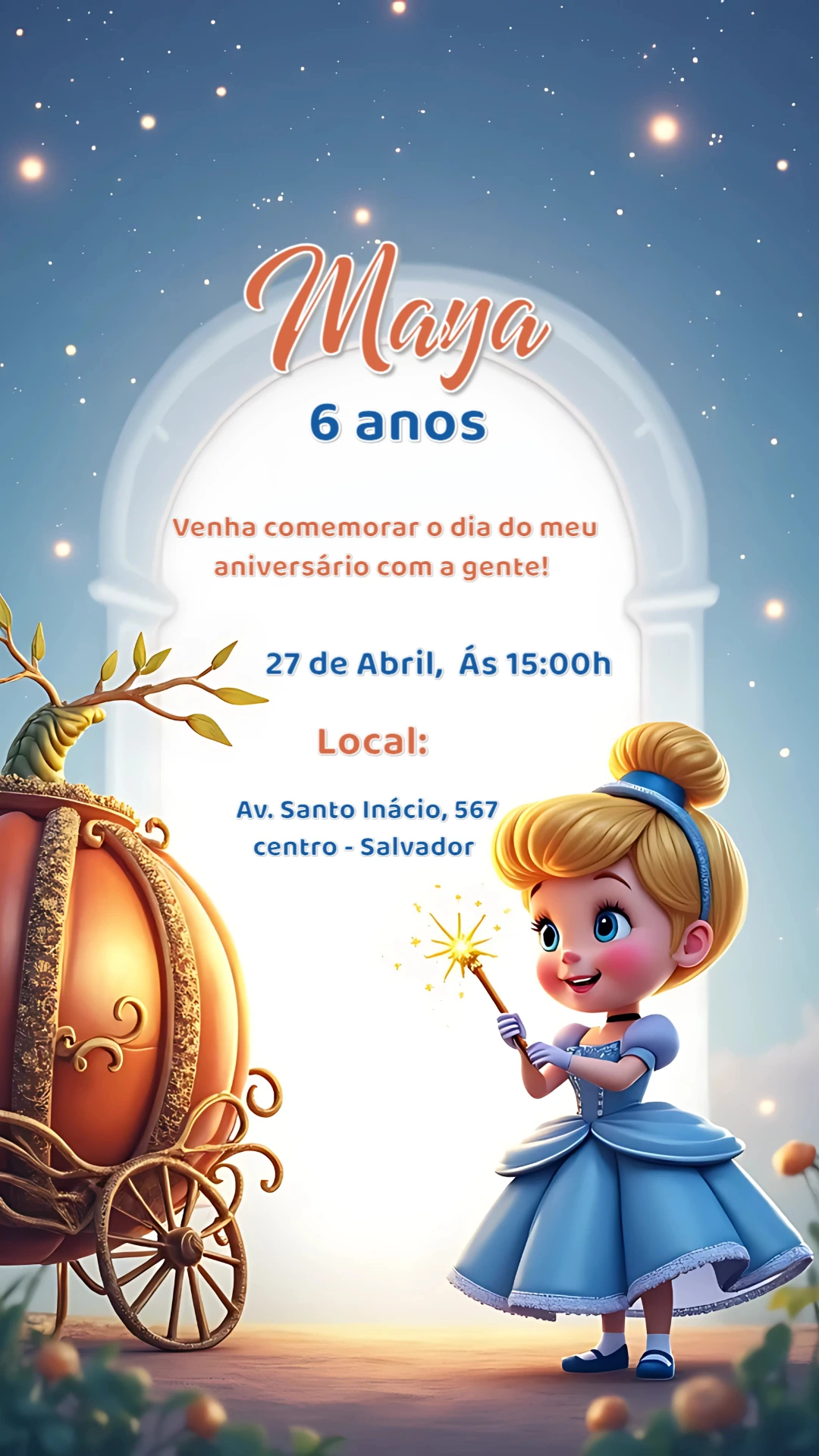 Convite Aniversário Cinderela Princesa para Editar Online