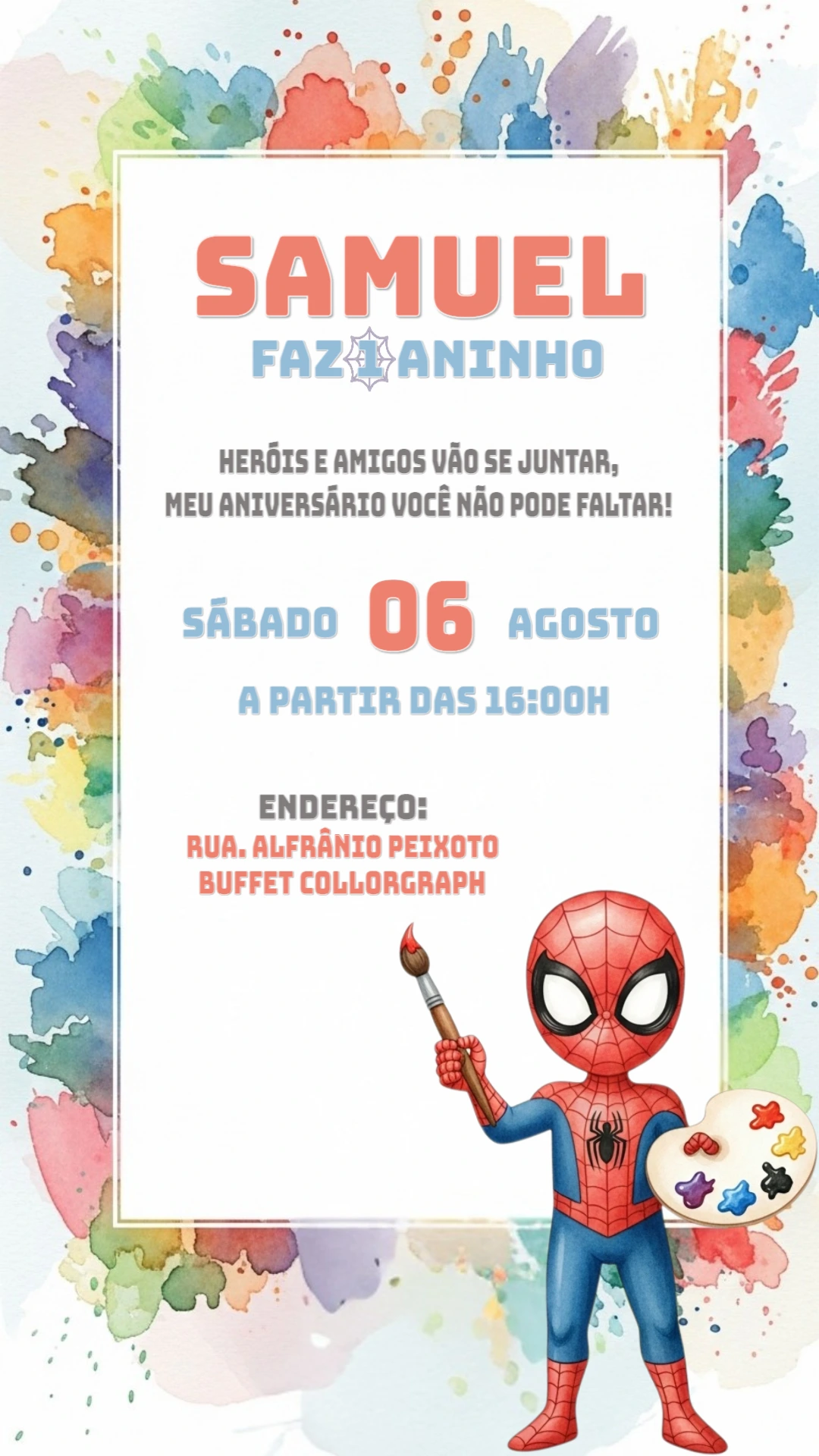 Convite Aniversário Homem Aranha Aquarela para Editar