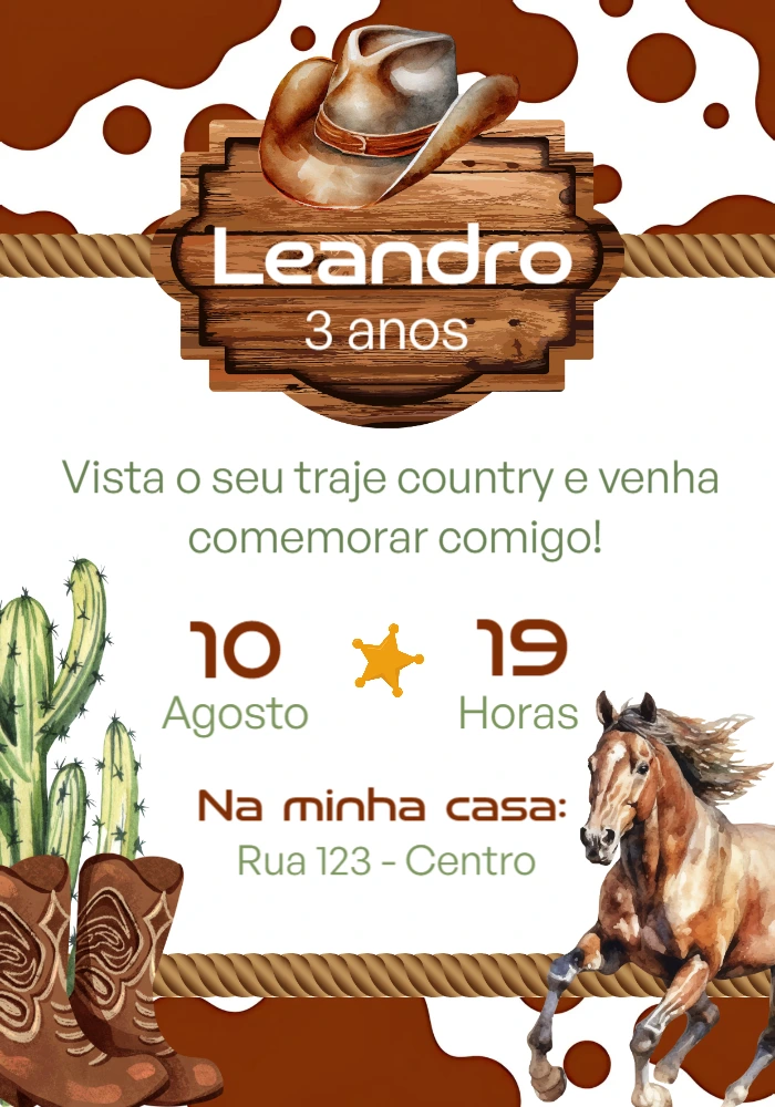 Convite de Aniversário Country com Cavalo para Editar Online